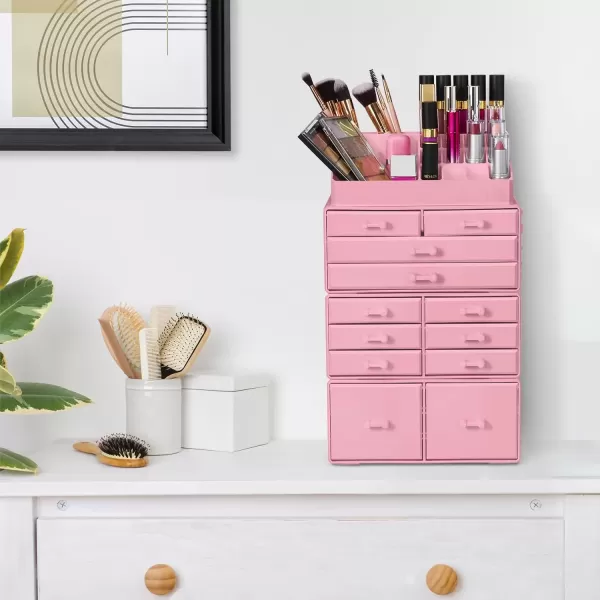 imageSorbus Large Makeup Organizer  Stackable Jewelry ampamp Makeup Organizer For Vanity Bathroom Storage Dresser  12 Drawers Cosmetic Beauty Organizers and Storage with Lipstick Makeup Brush HolderPink