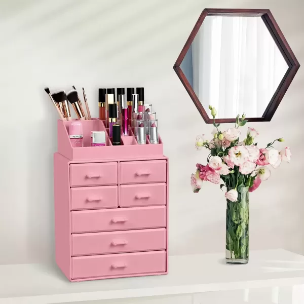 imageSorbus Large Makeup Organizer  Stackable Jewelry ampamp Makeup Organizer For Vanity Bathroom Storage Dresser  12 Drawers Cosmetic Beauty Organizers and Storage with Lipstick Makeup Brush HolderPink