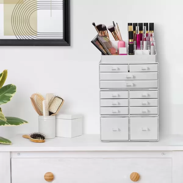 imageSorbus Large Makeup Organizer  Stackable Jewelry ampamp Makeup Organizer For Vanity Bathroom Storage Dresser  12 Drawers Cosmetic Beauty Organizers and Storage with Lipstick Makeup Brush HolderWhite