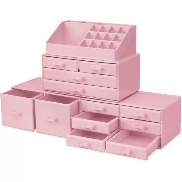 imageSorbus Large Makeup Organizer  Stackable Jewelry ampamp Makeup Organizer For Vanity Bathroom Storage Dresser  12 Drawers Cosmetic Beauty Organizers and Storage with Lipstick Makeup Brush HolderPink