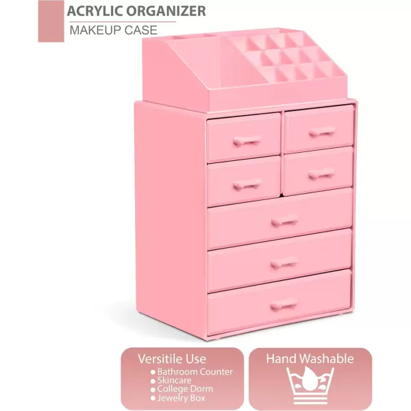 imageSorbus Large Makeup Organizer  Stackable Jewelry ampamp Makeup Organizer For Vanity Bathroom Storage Dresser  12 Drawers Cosmetic Beauty Organizers and Storage with Lipstick Makeup Brush HolderPink