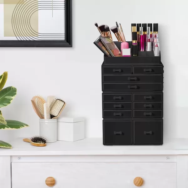 imageSorbus Large Makeup Organizer  Stackable Jewelry ampamp Makeup Organizer For Vanity Bathroom Storage Dresser  12 Drawers Cosmetic Beauty Organizers and Storage with Lipstick Makeup Brush HolderBlack