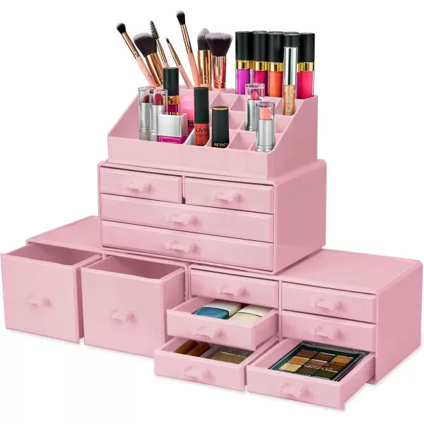 imageSorbus Large Makeup Organizer  Stackable Jewelry ampamp Makeup Organizer For Vanity Bathroom Storage Dresser  12 Drawers Cosmetic Beauty Organizers and Storage with Lipstick Makeup Brush HolderPink