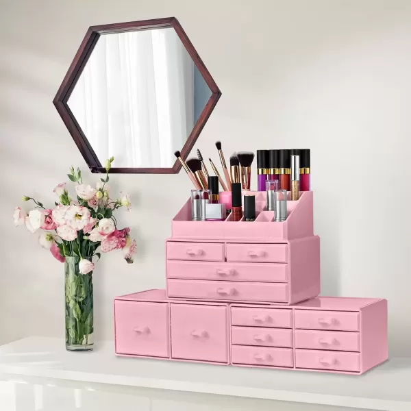 imageSorbus Large Makeup Organizer  Stackable Jewelry ampamp Makeup Organizer For Vanity Bathroom Storage Dresser  12 Drawers Cosmetic Beauty Organizers and Storage with Lipstick Makeup Brush HolderPink
