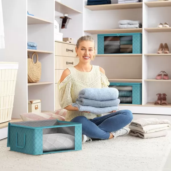 imageSorbus Medium Clothes Storage Bags  Foldable Blanket Storage Bins for Organizing Bedroom Closet Clothing Comforter Organization with Clear Window Lids and Carry Handles  Set of 8Aqua