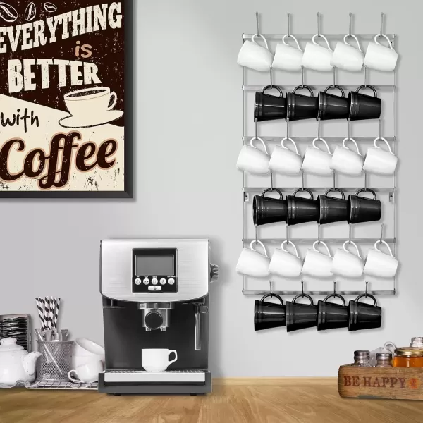 imageSorbus Mug Rack for Wall  Large Rustic Coffee Mug Holder Wall Mount with 27 Hooks Coffee Cup Display Rack 6Tier Metal Mug Organizer for Home Kitchen ampamp Bar Coffee Station Dining RoomSilver