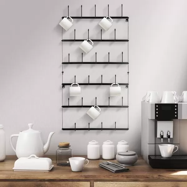 imageSorbus Mug Rack for Wall  Large Rustic Coffee Mug Holder Wall Mount with 27 Hooks Coffee Cup Display Rack 6Tier Metal Mug Organizer for Home Kitchen ampamp Bar Coffee Station Dining RoomBlack