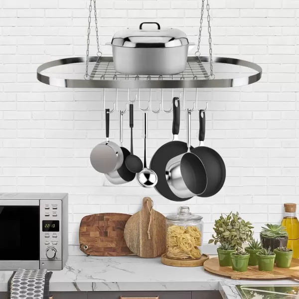 imageSorbus Pot and Pan Rack for Ceiling with Hooks  Decorative Oval Mounted Storage Rack  MultiPurpose Organizer for Home Restaurant Kitchen Cookware Utensils Books Household RusticChrome