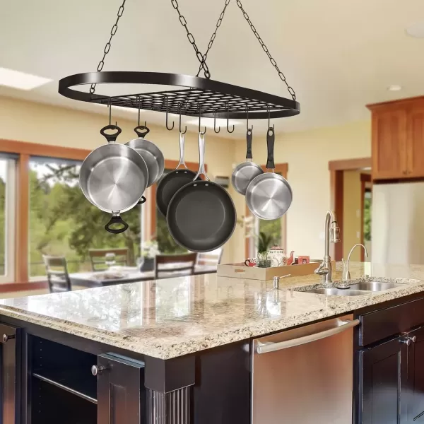imageSorbus Pot and Pan Rack for Ceiling with Hooks  Decorative Oval Mounted Storage Rack  MultiPurpose Organizer for Home Restaurant Kitchen Cookware Utensils Books Household RusticBlack