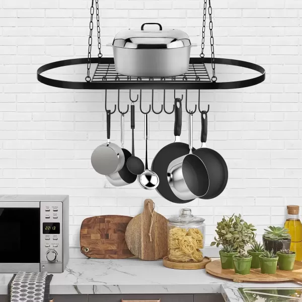 imageSorbus Pot and Pan Rack for Ceiling with Hooks  Decorative Oval Mounted Storage Rack  MultiPurpose Organizer for Home Restaurant Kitchen Cookware Utensils Books Household RusticBlack
