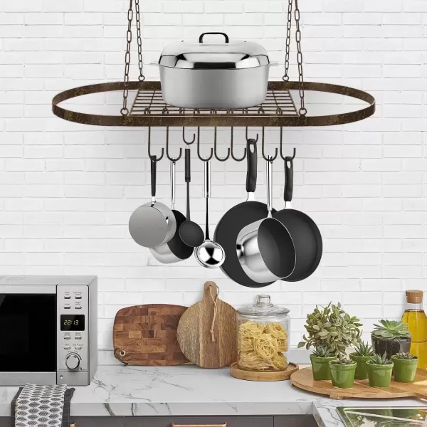 imageSorbus Pot and Pan Rack for Ceiling with Hooks  Decorative Oval Mounted Storage Rack  MultiPurpose Organizer for Home Restaurant Kitchen Cookware Utensils Books Household RusticRustic