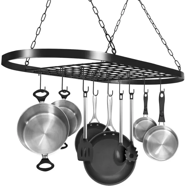 imageSorbus Pot and Pan Rack for Ceiling with Hooks  Decorative Oval Mounted Storage Rack  MultiPurpose Organizer for Home Restaurant Kitchen Cookware Utensils Books Household RusticBlack