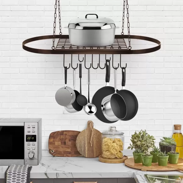 imageSorbus Pot and Pan Rack for Ceiling with Hooks  Decorative Oval Mounted Storage Rack  MultiPurpose Organizer for Home Restaurant Kitchen Cookware Utensils Books Household RusticBronze