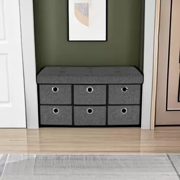 imageSorbus Storage Bench Chest with Drawers  Collapsible Folding Bench Ottoman Includes Cover  Perfect for Entryway Bedroom Bench Cubby Drawer Footstool Hope Chest Faux Linen GrayGrey