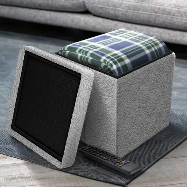 imageSorbus Teddy Fabric Storage Ottoman  15 Inch Foldable Ottoman Cube  Multipurpose Cozy Ottoman Foot Rest Sofa Storage Stool for Living Room Bedroom Dorm Kids Room  Small Ottomans with LidGrey