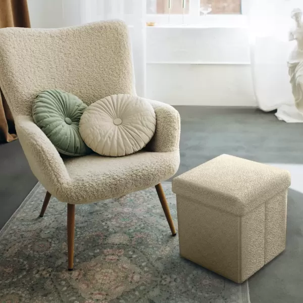 imageSorbus Teddy Fabric Storage Ottoman  15 Inch Foldable Ottoman Cube  Multipurpose Cozy Ottoman Foot Rest Sofa Storage Stool for Living Room Bedroom Dorm Kids Room  Small Ottomans with LidBeige