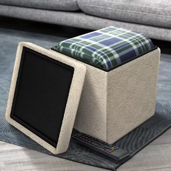 imageSorbus Teddy Fabric Storage Ottoman  15 Inch Foldable Ottoman Cube  Multipurpose Cozy Ottoman Foot Rest Sofa Storage Stool for Living Room Bedroom Dorm Kids Room  Small Ottomans with LidBeige
