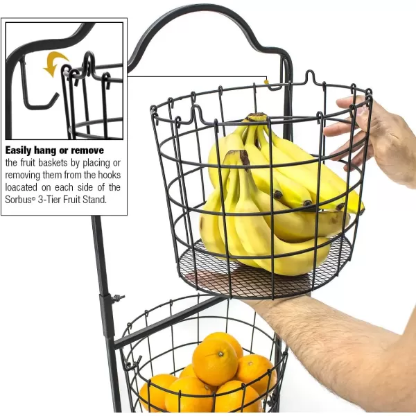 imageSorbus 3Tier Wire Market Basket Stand for Fruit Vegetables Toiletries Household Items and More Stylish Tiered Serving Stand Baskets for Kitchen Bathroom Storage Organization Black