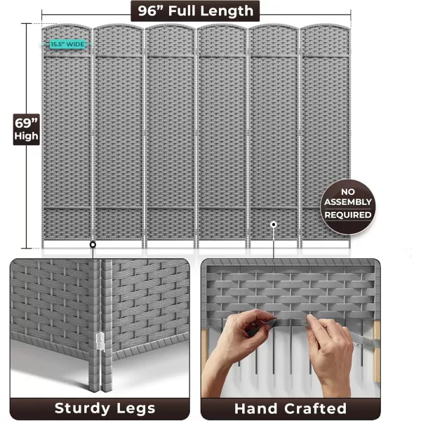 imageSorbus 6 Panel Room Divider 6 ft Tall  Privacy Screen Extra Wide Double Hinged Panels Mesh HandWoven Design Partition Room Dividers and Folding Privacy Screens Wall Divider for Room SeparationLight Gray