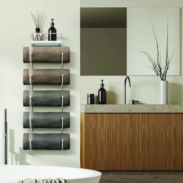 imageSorbus Bathroom Towel Holder  5 Tier Metal Towel Rack with Wood Shelf for Rolled Bath Towels Washcloths Linens Hand Towels Soaps ampamp Accessories  Wall Mounted Towel Rack for Bathroom Towel StorageWhite