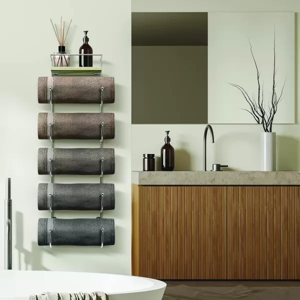 imageSorbus Bathroom Towel Holder  5 Tier Metal Towel Rack with Wood Shelf for Rolled Bath Towels Washcloths Linens Hand Towels Soaps ampamp Accessories  Wall Mounted Towel Rack for Bathroom Towel StorageSilver