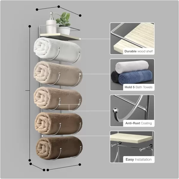 imageSorbus Bathroom Towel Holder  5 Tier Metal Towel Rack with Wood Shelf for Rolled Bath Towels Washcloths Linens Hand Towels Soaps ampamp Accessories  Wall Mounted Towel Rack for Bathroom Towel StorageSilver