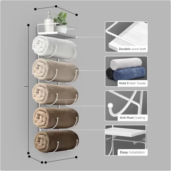 imageSorbus Bathroom Towel Holder  5 Tier Metal Towel Rack with Wood Shelf for Rolled Bath Towels Washcloths Linens Hand Towels Soaps ampamp Accessories  Wall Mounted Towel Rack for Bathroom Towel StorageWhite