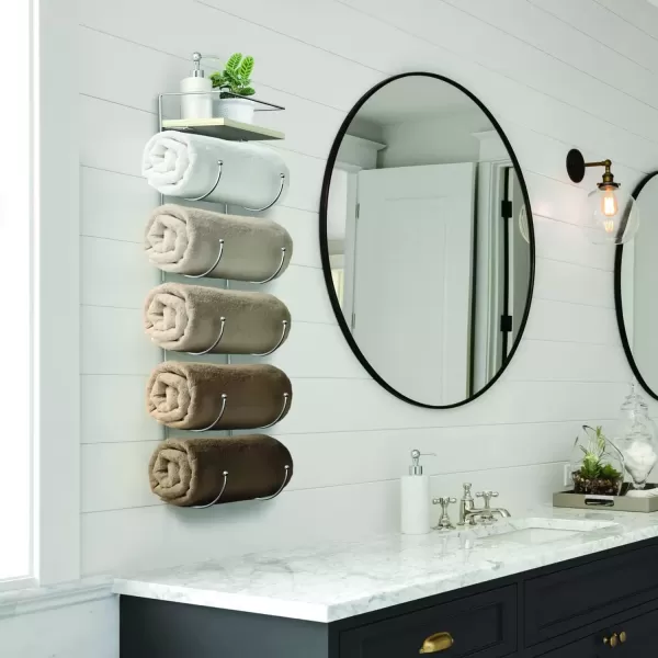 imageSorbus Bathroom Towel Holder  5 Tier Metal Towel Rack with Wood Shelf for Rolled Bath Towels Washcloths Linens Hand Towels Soaps ampamp Accessories  Wall Mounted Towel Rack for Bathroom Towel StorageSilver