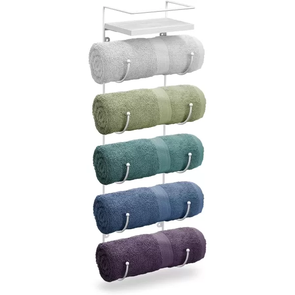 imageSorbus Bathroom Towel Holder  5 Tier Metal Towel Rack with Wood Shelf for Rolled Bath Towels Washcloths Linens Hand Towels Soaps ampamp Accessories  Wall Mounted Towel Rack for Bathroom Towel StorageWhite