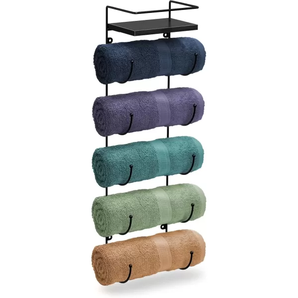 imageSorbus Bathroom Towel Holder  5 Tier Metal Towel Rack with Wood Shelf for Rolled Bath Towels Washcloths Linens Hand Towels Soaps ampamp Accessories  Wall Mounted Towel Rack for Bathroom Towel StorageBlack