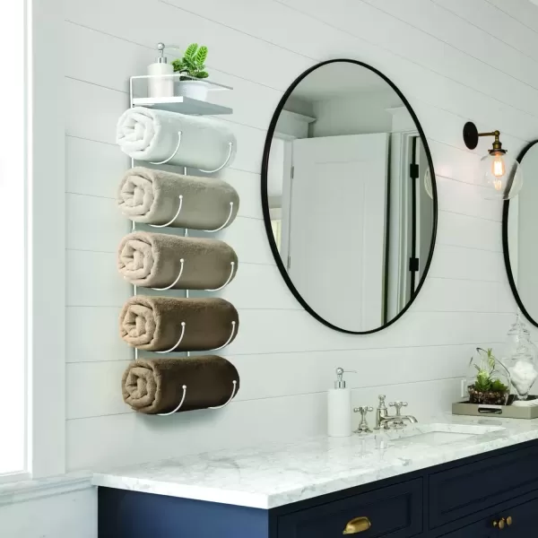 imageSorbus Bathroom Towel Holder  5 Tier Metal Towel Rack with Wood Shelf for Rolled Bath Towels Washcloths Linens Hand Towels Soaps ampamp Accessories  Wall Mounted Towel Rack for Bathroom Towel StorageWhite