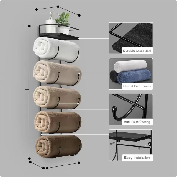 imageSorbus Bathroom Towel Holder  5 Tier Metal Towel Rack with Wood Shelf for Rolled Bath Towels Washcloths Linens Hand Towels Soaps ampamp Accessories  Wall Mounted Towel Rack for Bathroom Towel StorageBlack