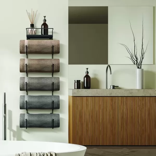 imageSorbus Bathroom Towel Holder  5 Tier Metal Towel Rack with Wood Shelf for Rolled Bath Towels Washcloths Linens Hand Towels Soaps ampamp Accessories  Wall Mounted Towel Rack for Bathroom Towel StorageBlack