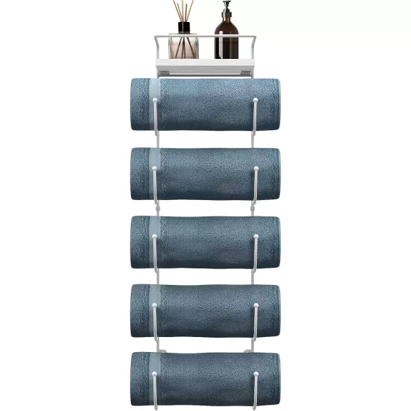 imageSorbus Bathroom Towel Holder  5 Tier Metal Towel Rack with Wood Shelf for Rolled Bath Towels Washcloths Linens Hand Towels Soaps ampamp Accessories  Wall Mounted Towel Rack for Bathroom Towel StorageWhite