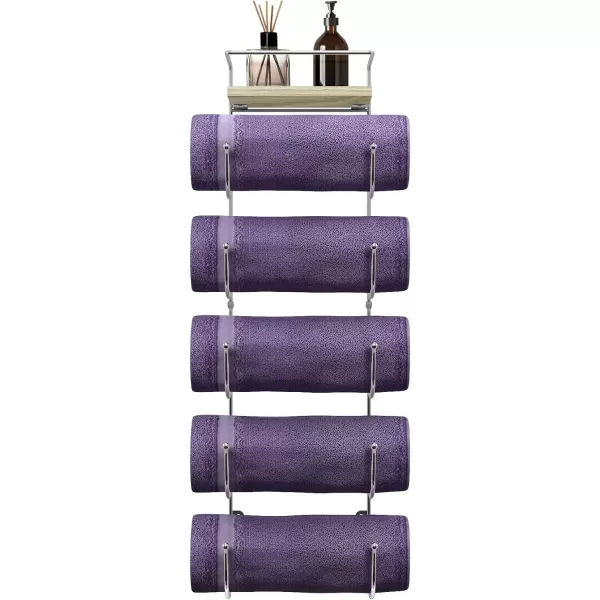imageSorbus Bathroom Towel Holder  5 Tier Metal Towel Rack with Wood Shelf for Rolled Bath Towels Washcloths Linens Hand Towels Soaps ampamp Accessories  Wall Mounted Towel Rack for Bathroom Towel StorageSilver