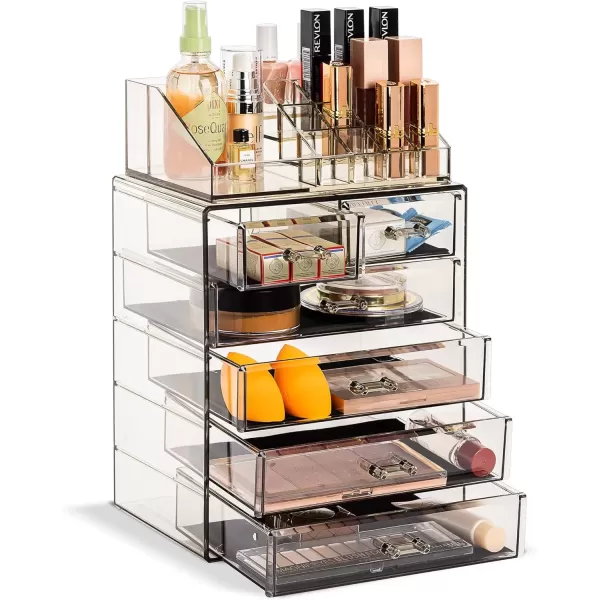 imageSorbus Clear Cosmetic Makeup Organizer  Make Up ampamp Jewelry Storage Case Display for Dresser Bathroom Vanity 3 Large 4 Small Drawers Bronze GlowBlack Jewel