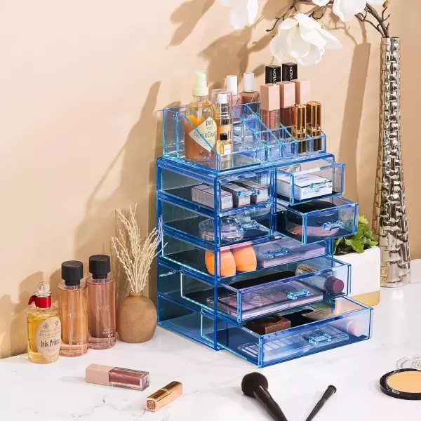 imageSorbus Clear Cosmetic Makeup Organizer  Make Up ampamp Jewelry Storage Case Display for Dresser Bathroom Vanity 3 Large 4 Small Drawers Bronze GlowBlue Brilliance