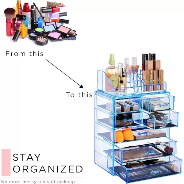 imageSorbus Clear Cosmetic Makeup Organizer  Make Up ampamp Jewelry Storage Case Display for Dresser Bathroom Vanity 3 Large 4 Small Drawers Bronze GlowBlue Brilliance