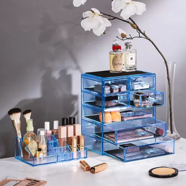 imageSorbus Clear Cosmetic Makeup Organizer  Make Up ampamp Jewelry Storage Case Display for Dresser Bathroom Vanity 3 Large 4 Small Drawers Bronze GlowBlue Brilliance
