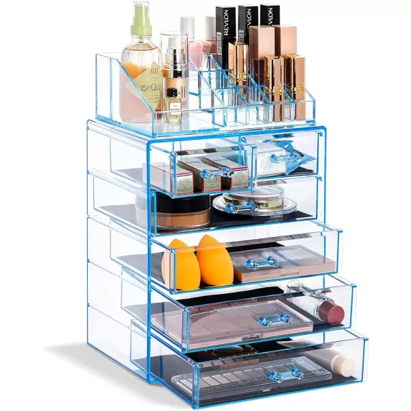 imageSorbus Clear Cosmetic Makeup Organizer  Make Up ampamp Jewelry Storage Case Display for Dresser Bathroom Vanity 3 Large 4 Small Drawers Bronze GlowBlue Brilliance