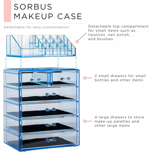 imageSorbus Clear Cosmetic Makeup Organizer  Make Up ampamp Jewelry Storage Case Display for Dresser Bathroom Vanity 3 Large 4 Small Drawers Bronze GlowBlue Brilliance