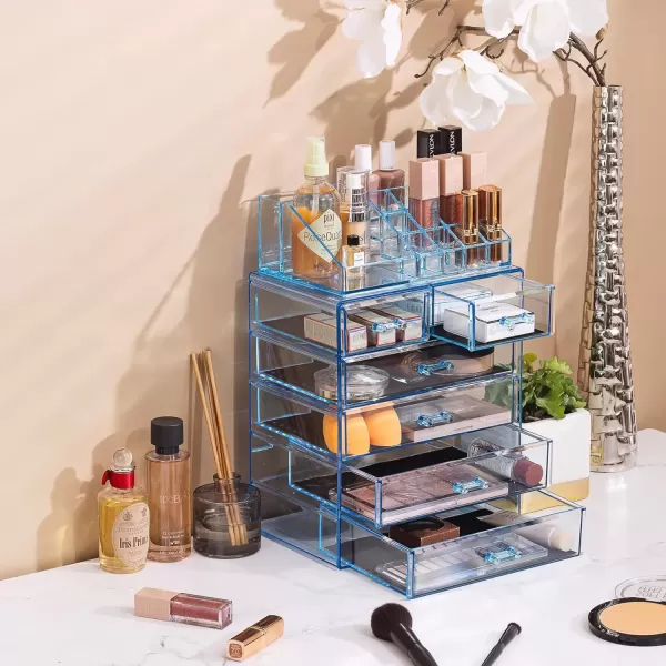 imageSorbus Clear Cosmetic Makeup Organizer  Make Up ampamp Jewelry Storage Case Display for Dresser Bathroom Vanity 3 Large 4 Small Drawers Bronze GlowBlue Brilliance