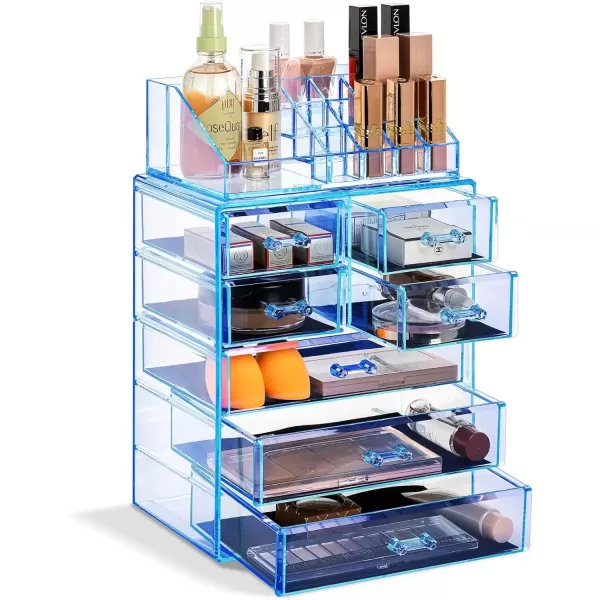imageSorbus Clear Cosmetic Makeup Organizer  Make Up ampamp Jewelry Storage Case Display for Dresser Bathroom Vanity 3 Large 4 Small Drawers Bronze GlowBlue Brilliance