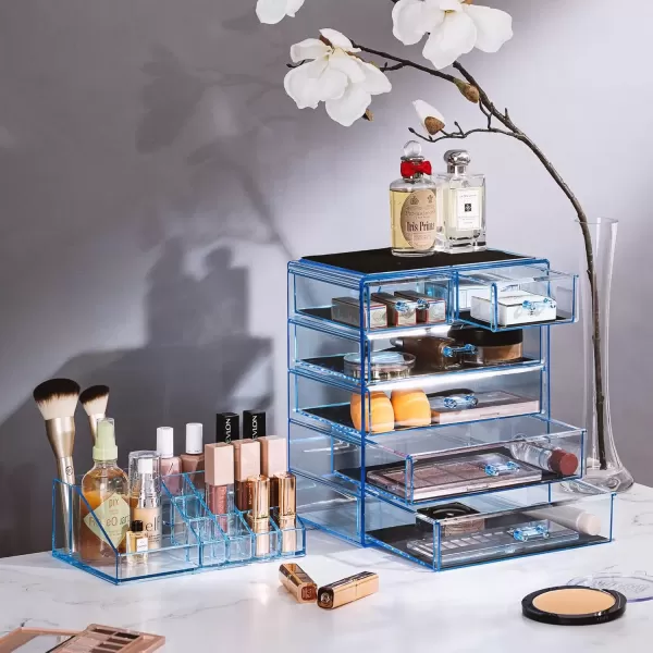 imageSorbus Clear Cosmetic Makeup Organizer  Make Up ampamp Jewelry Storage Case Display for Dresser Bathroom Vanity 3 Large 4 Small Drawers Bronze GlowBlue Brilliance