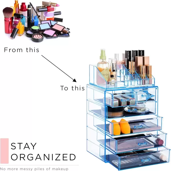 imageSorbus Clear Cosmetic Makeup Organizer  Make Up ampamp Jewelry Storage Case Display for Dresser Bathroom Vanity 3 Large 4 Small Drawers Bronze GlowBlue Brilliance