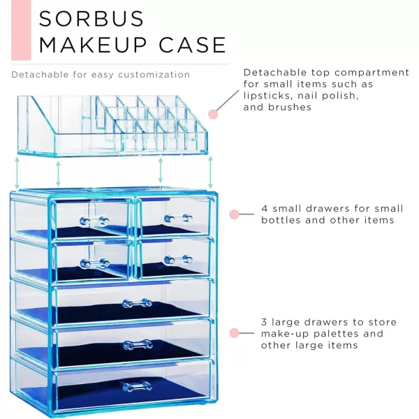 imageSorbus Clear Cosmetic Makeup Organizer  Make Up ampamp Jewelry Storage Case Display for Dresser Bathroom Vanity 3 Large 4 Small Drawers Bronze GlowBlue Brilliance
