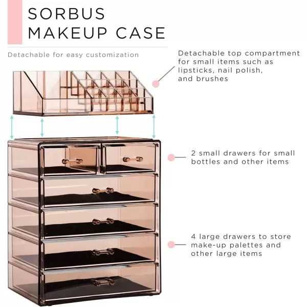 imageSorbus Clear Cosmetic Makeup Organizer  Make Up ampamp Jewelry Storage Case Display for Dresser Bathroom Vanity 3 Large 4 Small Drawers Bronze GlowBronze Glow