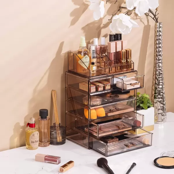 imageSorbus Clear Cosmetic Makeup Organizer  Make Up ampamp Jewelry Storage Case Display for Dresser Bathroom Vanity 3 Large 4 Small Drawers Bronze GlowBronze Glow