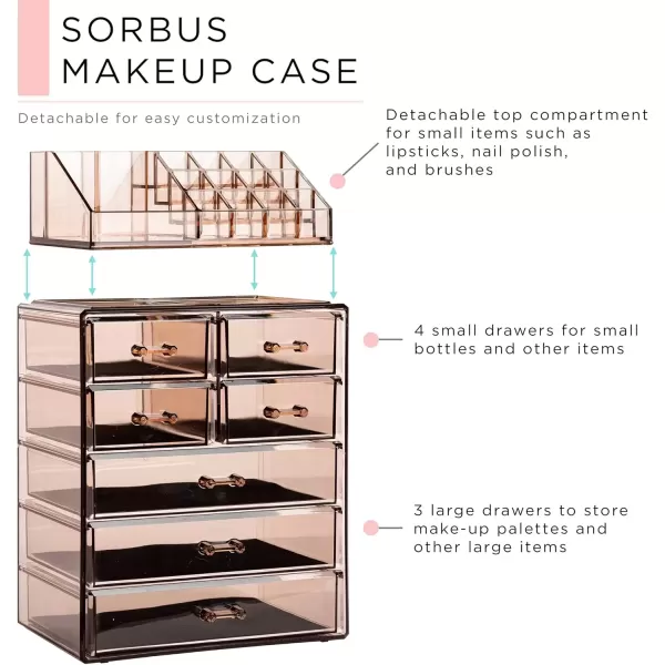 imageSorbus Clear Cosmetic Makeup Organizer  Make Up ampamp Jewelry Storage Case Display for Dresser Bathroom Vanity 3 Large 4 Small Drawers Bronze GlowBronze Glow