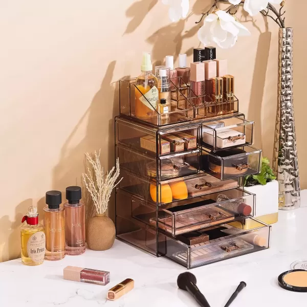 imageSorbus Clear Cosmetic Makeup Organizer  Make Up ampamp Jewelry Storage Case Display for Dresser Bathroom Vanity 3 Large 4 Small Drawers Bronze GlowBronze Glow